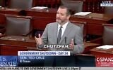 A screenshot from a 'Daily Show' clip showing Texas Sen. Ted Cruz repeatedly using the Yiddish word 'chutzpah.' (Screenshot from The Daily Show, via JTA)