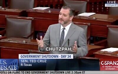 A screenshot from a 'Daily Show' clip showing Texas Sen. Ted Cruz repeatedly using the Yiddish word 'chutzpah.' (Screenshot from The Daily Show, via JTA)