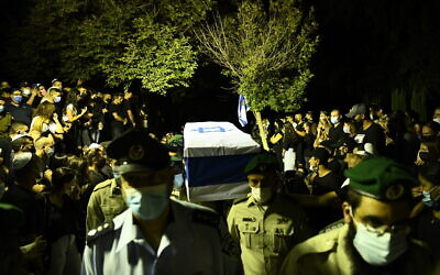 A coffin carrying the body of Border Police officer Barel Hadaria Shmueli at a funeral in Tel Aviv on August 30, 2021. Shmueli died nine days after being shot in the head during riots on the Gaza border. (Police spokesperson)