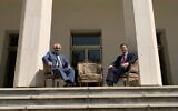 Russian ambassador, Levan Dzhagaryan and the UK’s Simon Shercliff sit on the embassy porch where the Tehran conference was held. (Russian Embassy Iran/Twitter)