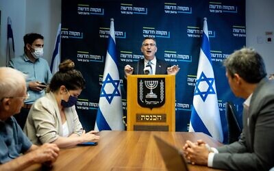 Head of the New Hope party Gideon Saar, leads a faction meeting, at the Knesset on May 31, 2021 (Yonatan Sindel/Flash90)