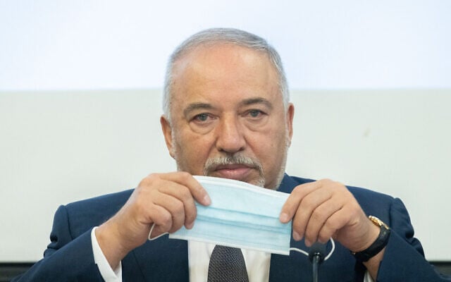 Finance Minister Avigdor Liberman at the Finance Ministry in Jerusalem, on July 21, 2021. (Yonatan Sindel/Flash90)