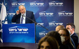 Finance Minister Avigdor Liberman speaks during a faction meeting of his Yisrael Beytenu party at the Knesset, on July 26, 2021. (Yonatan Sindel/Flash90)