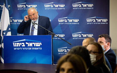 Finance Minister Avigdor Liberman speaks during a faction meeting of his Yisrael Beytenu party at the Knesset, on July 26, 2021. (Yonatan Sindel/Flash90)