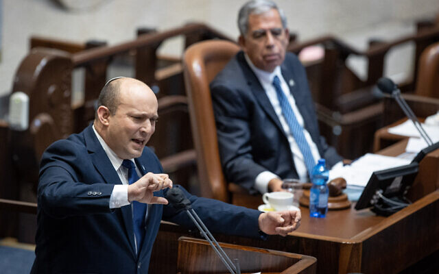 Prime Minister Naftali Bennett speaks in the Knesset on August 2, 2021. (Yonatan Sindel/Flash90) Prime Minister Naftali Bennett speaks in the Knesset on August 2, 2021. (Yonatan Sindel/Flash90)