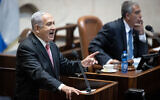 Opposition leader Benjamin Netanyahu addresses the Knesset during a plenum session on August 2, 2021. (Yonatan Sindel/Flash90)