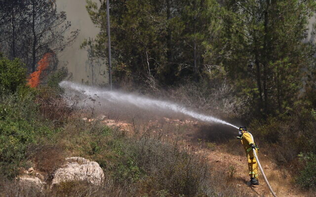 Firefighters try to extinguish a fire which broke out in a forest near Shoresh, outside of Jerusalem, August 3, 2021. (Yonatan Sindel/FLASH90)