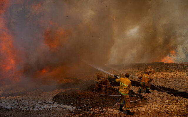 Firefighters try to extinguish a fire which broke out in a forest near Shoresh, outside of Jerusalem, August 3, 2021. (Yonatan Sindel/FLASH90)