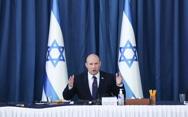 Prime Minister Naftali Bennett leads a cabinet meeting at the Prime Minister's Office in Jerusalem on August 8, 2021. (Ohad Zwigenberg/POOL) Prime Minister Naftali Bennett leads a cabinet meeting at the Prime Minister's Office in Jerusalem on August 8, 2021. (Ohad Zwigenberg/POOL)