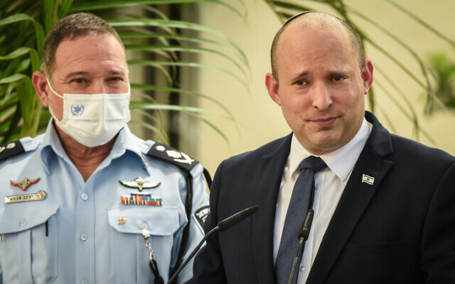 Prime Minister Naftali Bennett and police chief Kobi Shabtai during an inauguration ceremony marking the opening of a new police station in Kiryat Ata, on August 11, 2021. (Roni Ofer/Flash90) Prime Minister Naftali Bennett and police chief Kobi Shabtai during an inauguration ceremony marking the opening of a new police station in Kiryat Ata, on August 11, 2021. (Roni Ofer/Flash90)