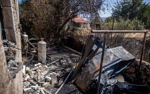 View of the damage caused to a house in Moshav Giv'at Ye'arim, following a major fire which broke out yesterday, August 17, 2021. (Yonatan Sindel/Flash90) View of the damage caused to a house in Moshav Giv'at Ye'arim, following a major fire which broke out yesterday, August 17, 2021. (Yonatan Sindel/Flash90)