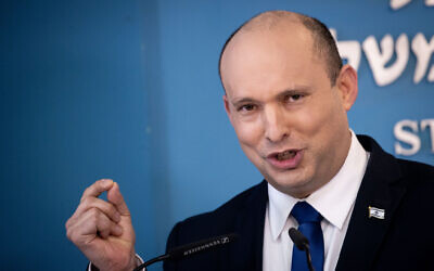 Prime Minister Naftali Bennett holds a press conference at the Prime Minister's Office in Jerusalem, on August 18, 2021. (Yonatan Sindel/Flash90)