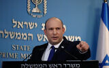 Prime Minister Naftali Bennett holds a press conference at his office in Jerusalem on August 18, 2021. (Yonatan Sindel/Flash90)