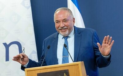 Finance Minister Avigdor Liberman speaks at a press conference about the state budget, at the Finance Ministry in Jerusalem, August 30, 2021. (Yonatan Sindel/ Flash90)