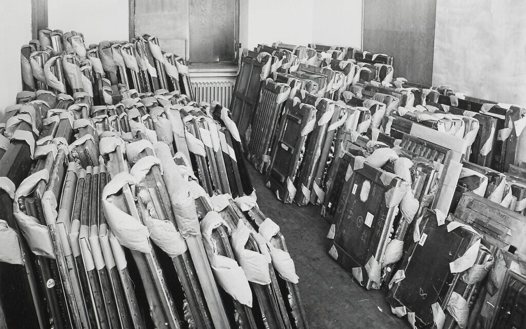 Looted artworks in storage at the Central Collecting Point, Munich, circa 1945-1949. (Johannes Felbermeyer/ Getty Research Institute, Los Angeles)