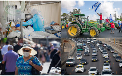 Top left, Shaare Zedek Medical Center staff (Olivier Fitoussi/Flash90), top right, Israeli farmers block junctions (Yossi Aloni/Flash90) Bottom left, Woman at the Mahane Yehuda market (Olivier Fitoussi/Flash90) Bottom right, Traffic jams on the Ayalon highway (Miriam Alster/FLASH90)