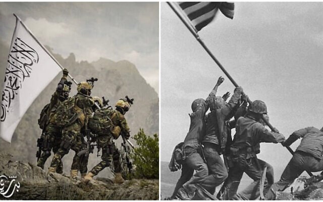 (L) An apparent image of Taliban fighters raising a flag in a mockery of iconic WWII photo (R) In this Feb 23, 1945 file photo, US Marines of the 28th Regiment, 5th Division, raise the American flag atop Mt. Suribachi, Iwo Jima, Japan. (AP Photo/Joe Rosenthal, File) (L) An apparent image of Taliban fighters raising a flag in a mockery of iconic WWII photo (R) In this Feb 23, 1945 file photo, US Marines of the 28th Regiment, 5th Division, raise the American flag atop Mt. Suribachi, Iwo Jima, Japan. (AP Photo/Joe Rosenthal, File)