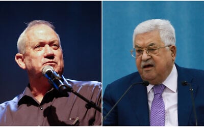 Defense Minister Benny Gantz (left) attends a conference in the Eshkol region, southern Israel. on July 13, 2021; Palestinian Authority President Mahmoud Abbas delivers a speech regarding COVID-19, at the Palestinian Authority headquarters, in the West Bank city of Ramallah, on May 5, 2020. (Flash90)