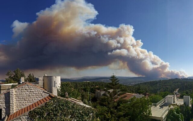 A brush fire west of Jerusalem, taken from Har Adar, August 15, 2021. (Gili Amar)