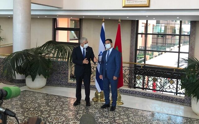 Foreign Minister Yair Lapid (left) and his Moroccan counterpart, Nasser Bourita, at the Foreign Ministry in Rabat on August 11, 2021. (Lazar Berman) Foreign Minister Yair Lapid (left) and his Moroccan counterpart, Nasser Bourita, at the Foreign Ministry in Rabat on August 11, 2021. (Lazar Berman)