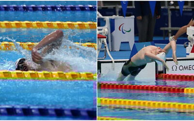 Israeli swimmers Ami Dadaon (L) and Mark Malyar (R) compete in the Tokyo 2020 Paralympic Games, August 30, 2021. (Keren Isaacson/IPC)