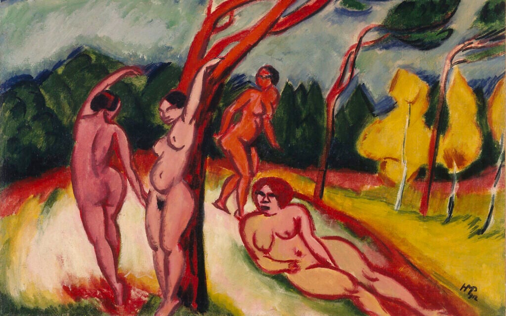 Detail from Max Pechstein's landscape, 1912. (Estate of Hugo Simon. © Pechstein Hamburg / Tökendorf / Artists Rights Society (ARS), New York; image provided by CNAC/MNAM, Dist. RMN-Grand Palais / Art Resource, New York. Photo by Philippe Migeat/ Courtesy of Jewish Museum NYC)