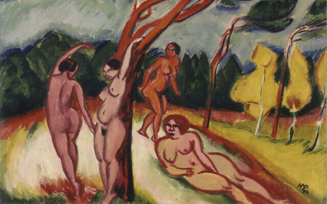 Detail from Max Pechstein's landscape, 1912. (Estate of Hugo Simon. © Pechstein Hamburg / Tökendorf / Artists Rights Society (ARS), New York; image provided by CNAC/MNAM, Dist. RMN-Grand Palais / Art Resource, New York. Photo by Philippe Migeat/ Courtesy of Jewish Museum NYC)