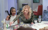 Eboni Williams, left, convened her fellow cast members for a Shabbat dinner on Bravo's "The Real Housewives of New York City," in an episode that aired Aug. 11, 2021. (Screen capture via JTA)