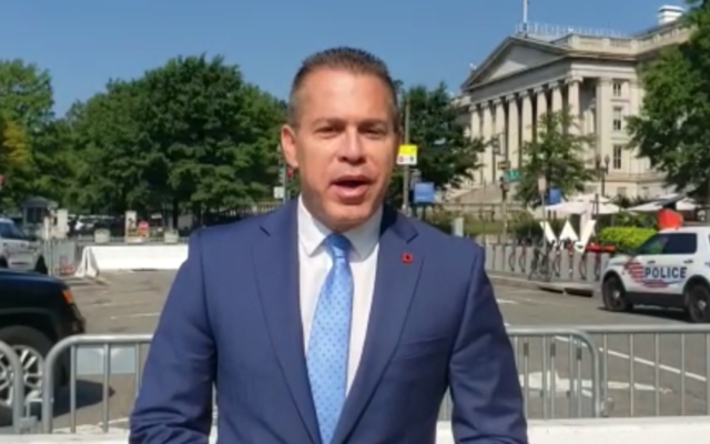 Israeli Ambassador to the US Gilad Erdan outside the White House on August 27, 2021. (Screen capture/Courtesy) Israeli Ambassador to the US Gilad Erdan outside the White House on August 27, 2021. (Screen capture/Courtesy)