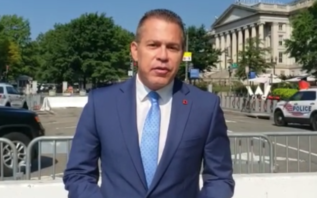 Israeli Ambassador to the US Gilad Erdan outside the White House on August 27, 2021. (Screen capture/Courtesy) Israeli Ambassador to the US Gilad Erdan outside the White House on August 27, 2021. (Screen capture/Courtesy)