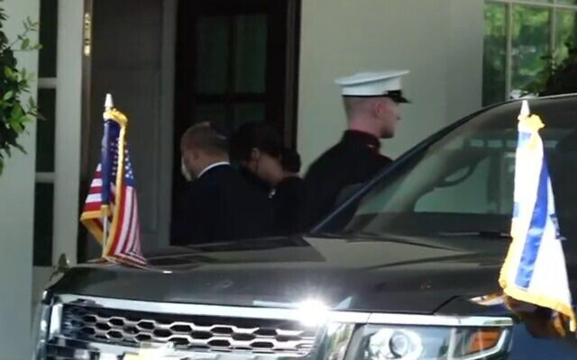 Prime Minister Naftali Bennett enters the White House for his first meeting with US President Joe Biden on August 27, 2021 (Channel 12 screenshot)