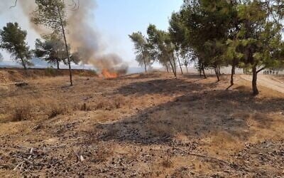 Firefighters try to extinguish a blaze in southern Israel that was sparked by a ballon-borne incendiary device launched by Palestinians in the Gaza Strip, on August 6, 2021. (Moshe Baruchi/KKL-JNF)