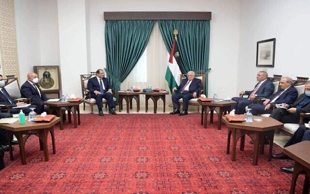 Abbas Kamel, the director of the Egyptian General Intelligence Directorate, meets with Palestinian Authority President Mahmoud Abbas in Ramallah on August 18, 2021. (WAFA) Abbas Kamel, the director of the Egyptian General Intelligence Directorate, meets with Palestinian Authority President Mahmoud Abbas in Ramallah on August 18, 2021. (WAFA)