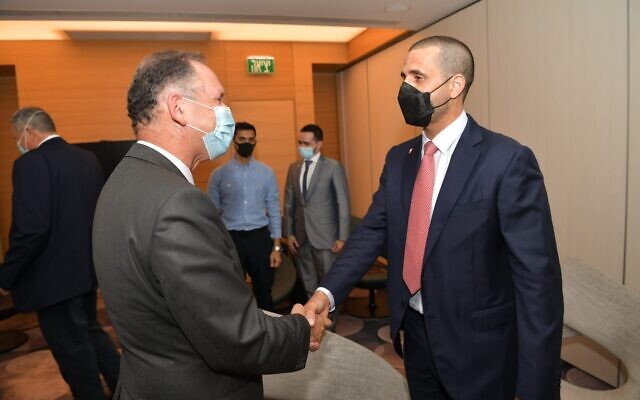Bahrain's first ambassador to Israel, Khaled Yousif al-Jalahmah (right) after arriving in Israel, on August 31, 2021. (Shlomi Amsalem/GPO) Bahrain's first ambassador to Israel, Khaled Yousif al-Jalahmah (right) after arriving in Israel, on August 31, 2021. (Shlomi Amsalem/GPO)