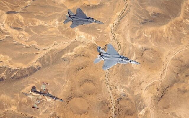 IAF and AFCENT F-15 and F-16 jets are seen over southern Israel during the 'Desert Eagle' drill, on August 10, 2021. (Israel Defense Forces) IAF and AFCENT F-15 and F-16 jets are seen over southern Israel during the 'Desert Eagle' drill, on August 10, 2021. (Israel Defense Forces)