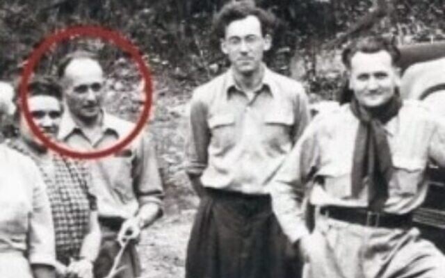 Adolph Eichmann (circled) in a photo reportedly provided by Gerhard Klammer (second from right) which helped the Mossad identify the infamous Nazi ear criminal. (Screen capture) Adolph Eichmann (circled) in a photo reportedly provided by Gerhard Klammer (second from right) which helped the Mossad identify the infamous Nazi ear criminal. (Screen capture)