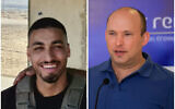 Border Police officer Barel Shmueli (left) killed in a shooting by a Gaza gunman on the border on August 21, 2021, and Prime Minister Naftali Bennett (right). (Border Police; Olivier Fitoussi/Flash90)