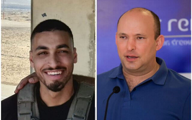 Border Police officer Barel Shmueli (left) killed in a shooting by a Gaza gunman on the border on August 21, 2021, and Prime Minister Naftali Bennett (right). (Border Police; Olivier Fitoussi/Flash90) Border Police officer Barel Shmueli (left) killed in a shooting by a Gaza gunman on the border on August 21, 2021, and Prime Minister Naftali Bennett (right). (Border Police; Olivier Fitoussi/Flash90)