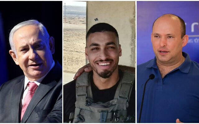 Former prime minister Benjamin Netanyahu (left); Border Police officer Barel Shmueli (center) who was critically wounded in a shooting on the Gaza border on August 21, 2021; Prime Minister Naftali Bennett (right). (Noam Revkin Fenton/Flash90; Border Police; Olivier Fitoussi/Flash90) Former prime minister Benjamin Netanyahu (left); Border Police officer Barel Shmueli (center) who was critically wounded in a shooting on the Gaza border on August 21, 2021; Prime Minister Naftali Bennett (right). (Noam Revkin Fenton/Flash90; Border Police; Olivier Fitoussi/Flash90)