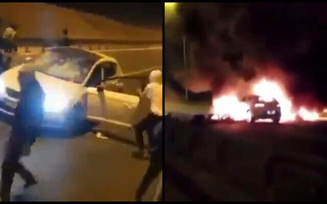 Two of the three cars that were attacked by a number of Bedouin suspects on Route 6, May 11, 2021. (Video screenshot) Two of the three cars that were attacked by a number of Bedouin suspects on Route 6, May 11, 2021. (Video screenshot)
