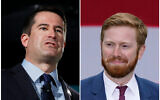 (L) Rep. Seth Moulton speaks during a candidate forum on labor issues on Aug. 3, 2019, in Las Vegas. (R)  Republican candidate Peter Meijer speaks at a campaign rally on Oct. 14, 2020, in Grand Rapids, Michigan. (AP/John Locher, Carlos Osorio)