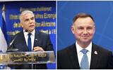 Foreign Minister Yair Lapid (left) speaks at a ceremony in Rabat, on August 11, 2021. Poland's President Andrzej Duda (right) arrives for a NATO summit in Brussels on June 14, 2021. (Shlomi Amsalem/GPO; Kenzo Tribouillard/Pool via AP)