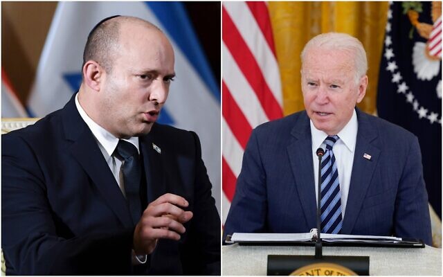 Prime Minister Naftali Bennett (left) and US President Joe Biden. (Composite/AP)