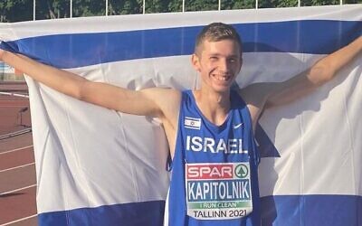 Israel's Yonathan Kapitolnik after his victory at the World Athletics competition in Nairobi, Kenya, August 21, 2021. (Israel Athletics Association)