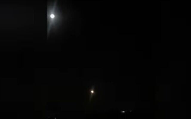 An air defense missile, bottom center, streaks toward what appears to be a missile shot into Syria, in a video distributed by Syrian state news. (Screen capture: YouTube/SANA) An air defense missile, bottom center, streaks toward what appears to be a missile shot into Syria, in a video distributed by Syrian state news. (Screen capture: YouTube/SANA)