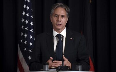 US Secretary of State Antony Blinken at a press conference at Ramstein Air Base in Germany on September 8, 2021. (Olivier DOULIERY / POOL / AFP)