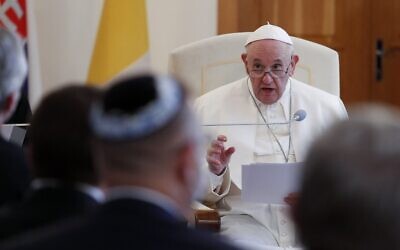 Pope Francis attends a meeting with bishops at the Apostolic Nunciature in Bratislava, Slovakia, on September 12, 2021. (REMO CASILLI / POOL / AFP)