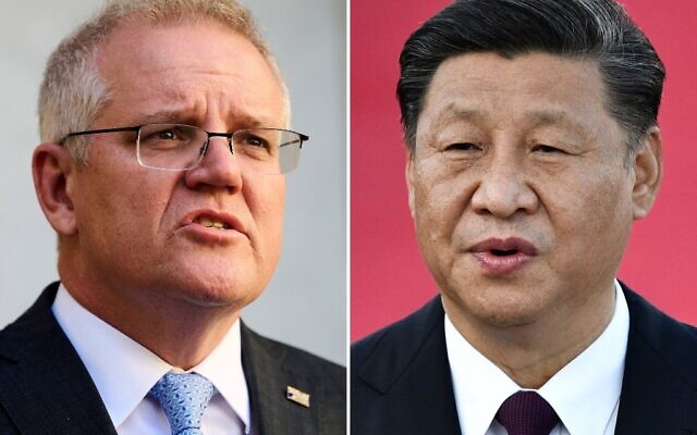 This combination of file photos shows Australian Prime Minister Scott Morrison (L) speaking during a press conference in Canberra on August 17, 2021; and China's President Xi Jinping (R) speaking at Macau's international airport on December 18, 2019. (AFP) This combination of file photos shows Australian Prime Minister Scott Morrison (L) speaking during a press conference in Canberra on August 17, 2021; and China's President Xi Jinping (R) speaking at Macau's international airport on December 18, 2019. (AFP)