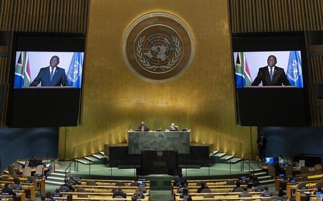 South Africa's President Matamela Cyril Ramaphosa delivers a prerecorded address during a meeting to commemorate the twentieth anniversary of the Durban conference, as part of the UN General Assembly 76th session General Debate at the United Nations Headquarters, on September 22, 2021, in New York. (Justine Lane/Pool/AFP)