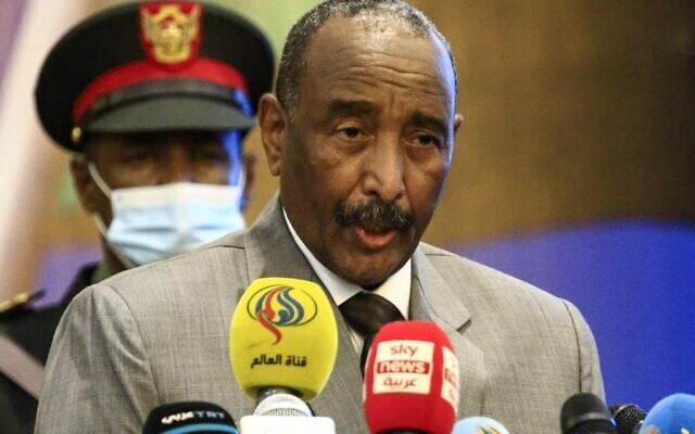 In this file photo taken on September 26, 2020, Sudan's Sovereign Council chief General Abdel Fattah al-Burhan speaks during the opening session of the First National Economic Conference in the capital Khartoum. (Ashraf Shazly/AFP) In this file photo taken on September 26, 2020, Sudan's Sovereign Council chief General Abdel Fattah al-Burhan speaks during the opening session of the First National Economic Conference in the capital Khartoum. (Ashraf Shazly/AFP)